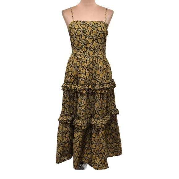 NICHOLAS Adele Maxi Dress Size 4 Black Mustard Yellow Floral Print Tiered Ruffle - Picture 1 of 11